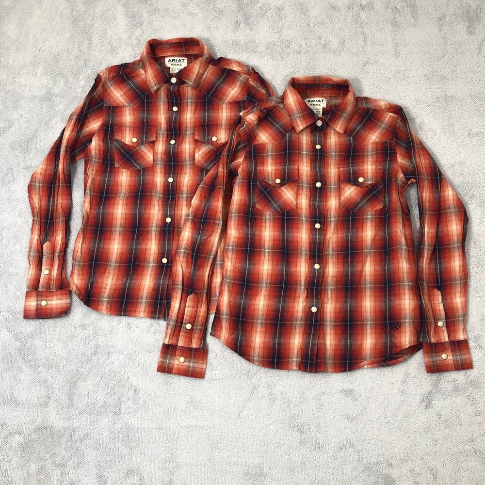 Ariat Real Western Shirt Boys Youth XL/14 Red Blue Plaid Pearl Snap Long Sleeve